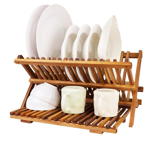 Utoplike Teak Dish Drying Rack Collapsible, Large Dishes Draine 3 Tier | Foldable Large Capacity Dish Draine, Space-Saving Countertop Kitchen Organizer for Plates, Cups