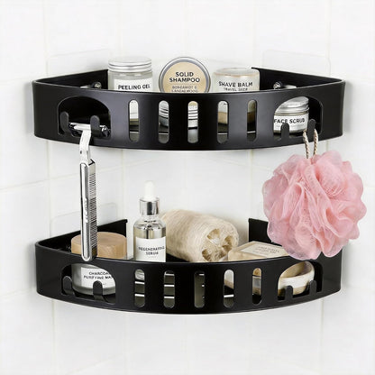 Adhesive Corner Shower Caddy with Hooks,No Drill Aluminum Shower Shelf 2PCS | Rustproof aluminum corner shower shelf with hooks,providing organized storage for shampoo,soap,razors and bathroom essentials