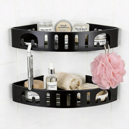 Adhesive Corner Shower Caddy with Hooks,No Drill Aluminum Shower Shelf 2PCS | Rustproof aluminum corner shower shelf with hooks,providing organized storage for shampoo,soap,razors and bathroom essentials