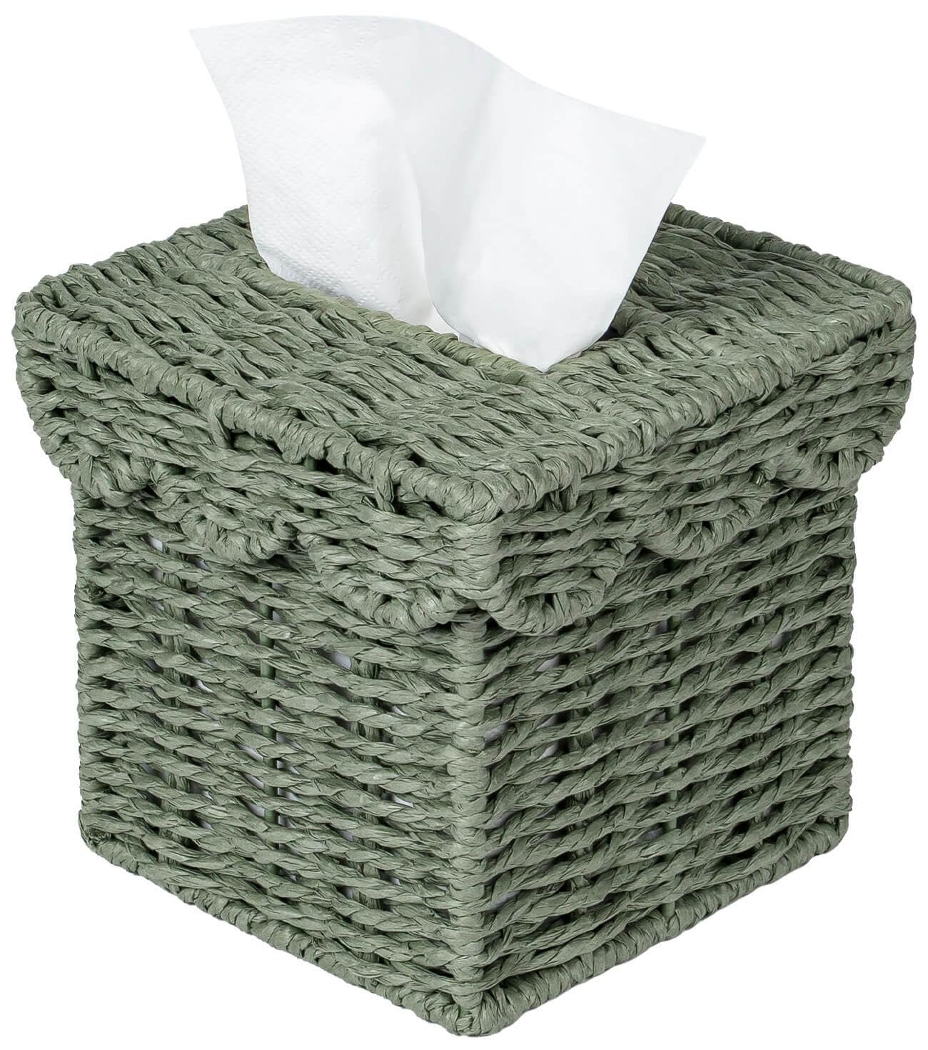 CubesLand Square Wicker Tissue Box Cover W/Scalloped Lid for Home Decor | Handwoven Facial Tissues Boxes Fits Living Room Table Decor, Rustic Farmhouse Boho Bathroom Decorative, Green