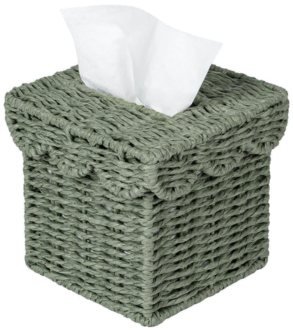 CubesLand Square Wicker Tissue Box Cover W/Scalloped Lid for Home Decor | Handwoven Facial Tissues Boxes Fits Living Room Table Decor, Rustic Farmhouse Boho Bathroom Decorative, Green