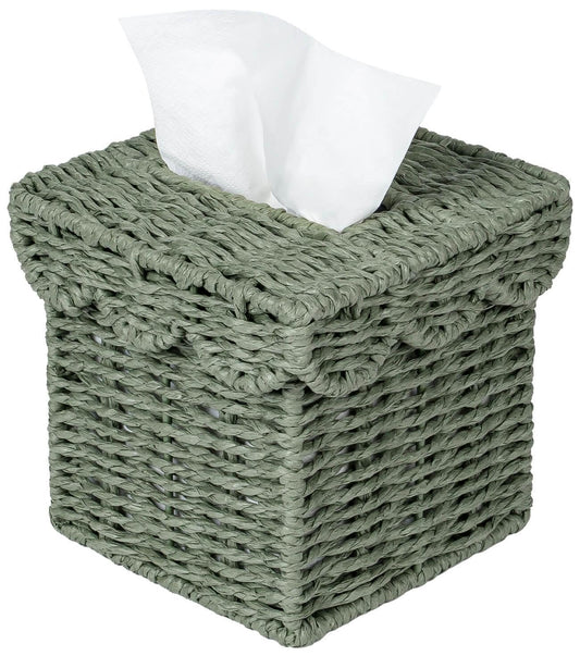 CubesLand Square Wicker Tissue Box Cover W/Scalloped Lid for Home Decor | Handwoven Facial Tissues Boxes Fits Living Room Table Decor, Rustic Farmhouse Boho Bathroom Decorative, Green