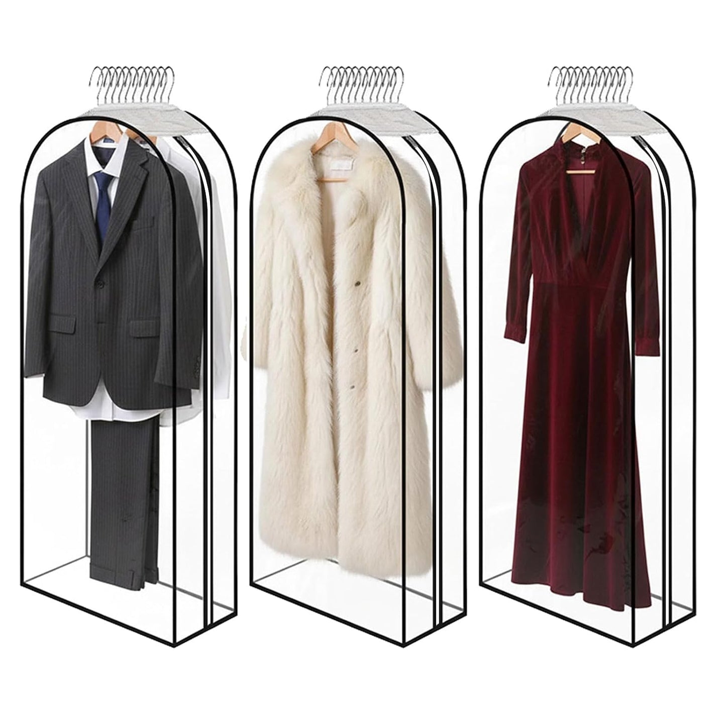 Clear Garment Bags for Hanging Clothes 3-piece set 60 inches Storage Bags With Zipper for Shirts, Suit,Jackets,Coats,sweater,Long Dresses,wedding,gowns,etc.