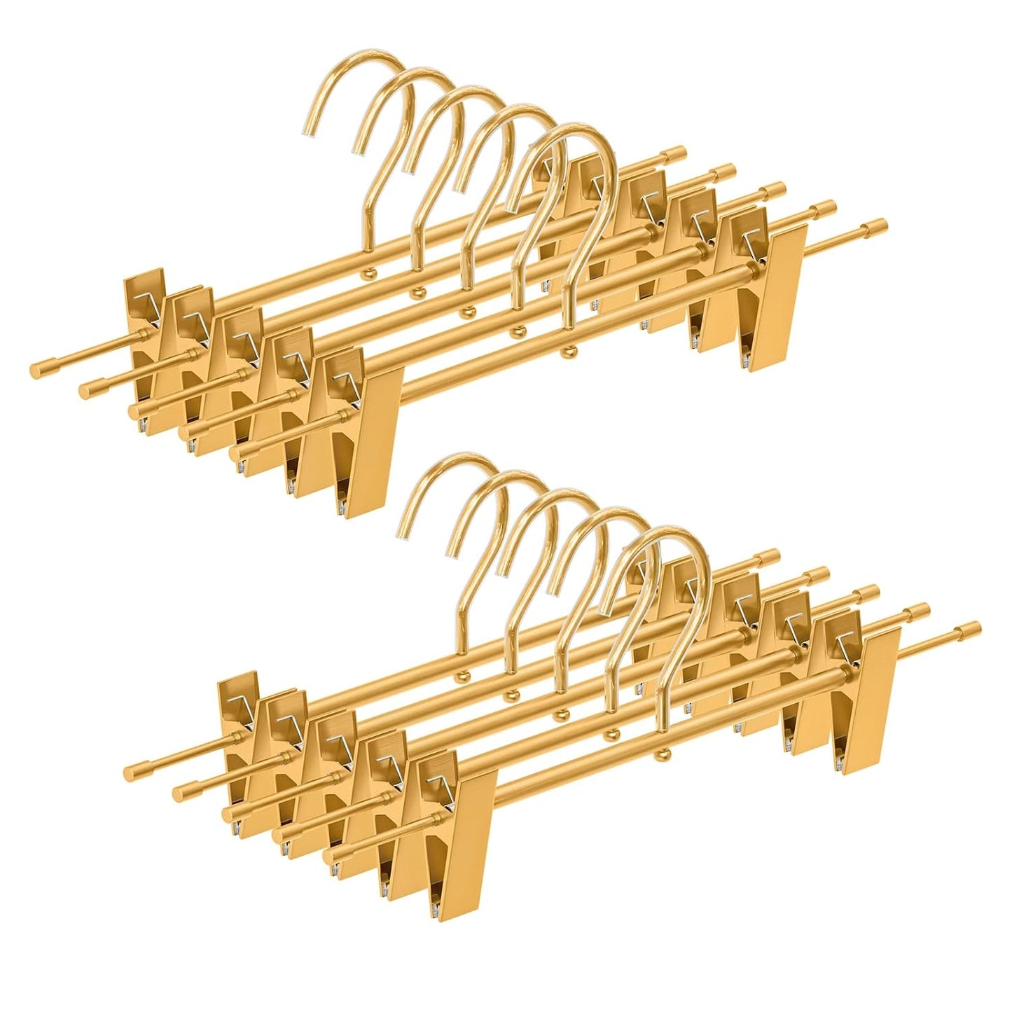 10 Pack Gold Metal Pants Skirt Hangers with Clips & Swivel Hooks | Lightweight Aluminum & Sturdy, Non-Slip Pads for Trouser, Skirts, Jeans, Scarf, Camisoles, Kids & Adults