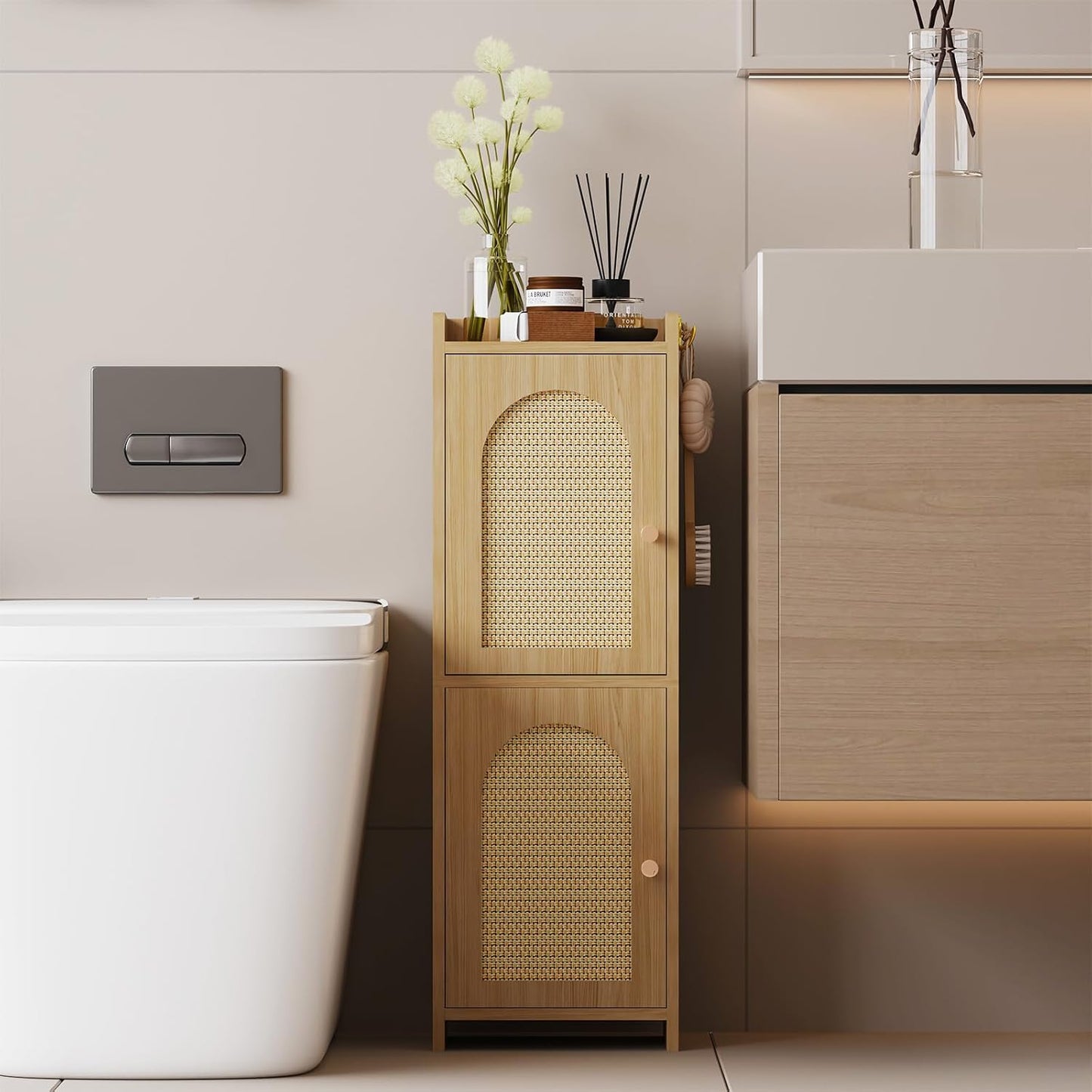 Arbuxzuy Rattan Bathroom Storage Cabinet with 2 Doors and Adjustable Shelf | Oak Corner Floor Cabinet, Narrow Toilet Paper Cabinets with 2Hooks, Toilet Organizer for Small Spaces, 7.87"D*9.84"W*29.72"H