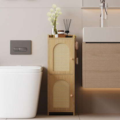 Arbuxzuy Rattan Bathroom Storage Cabinet with 2 Doors and Adjustable Shelf | Oak Corner Floor Cabinet, Narrow Toilet Paper Cabinets with 2Hooks, Toilet Organizer for Small Spaces, 7.87"D*9.84"W*29.72"H