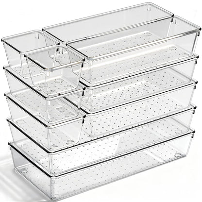 Drawer Organizer, 10 Pack Large Clear Plastic Organizer Bins 5 Sizes, Versatile Bathroom Drawer Trays, Heavy Duty Non‑Slip Drawer Dividers for Makeup, Office & Kitchen Utensils