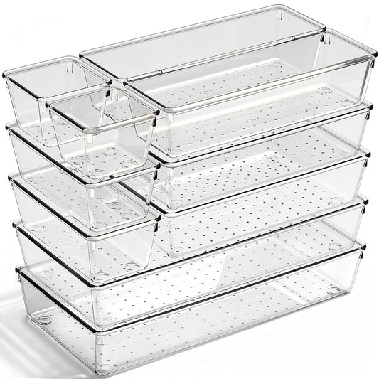 Drawer Organizer, 10 Pack Large Clear Plastic Organizer Bins 5 Sizes, Versatile Bathroom Drawer Trays, Heavy Duty Non‑Slip Drawer Dividers for Makeup, Office & Kitchen Utensils