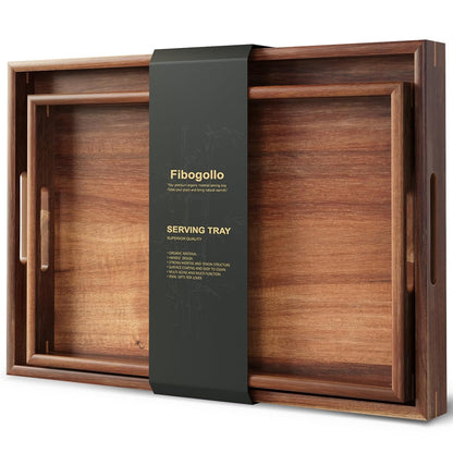 Fibogollo Set of 2 Acacia Wood Serving Tray with Handles | Decorative Trays Platter,Breakfast Tray in Bed,Food Drinks Tray for Eating,Working,Storing