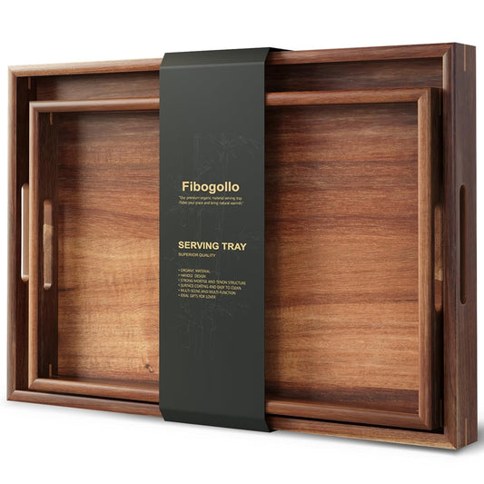 Fibogollo Set of 2 Acacia Wood Serving Tray with Handles | Decorative Trays Platter,Breakfast Tray in Bed,Food Drinks Tray for Eating,Working,Storing