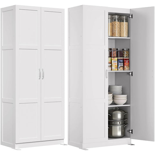 DUMOS Tall Storage Cabinet with Doors and Shelves, Kitchen Pantry Cabinet | 71'' Wood Storage Freestanding Wooden Cabinets for Bedroom, Pantry, Home Office, Dining Room & Living Room, White