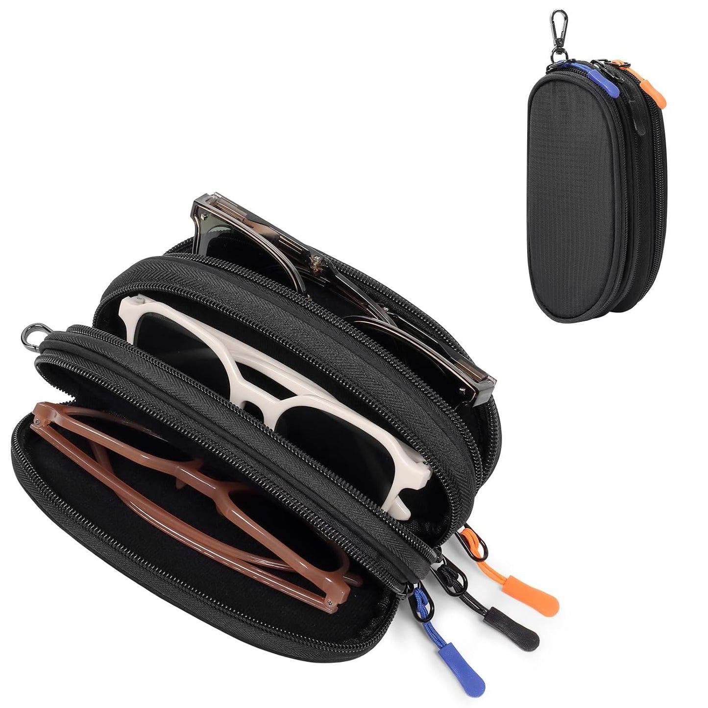 Eyeglasses Case for 3 Pairs, Multi Sunglasses Travel Organizer Pouch with Keychain Clip Zipper Closure for Men Women