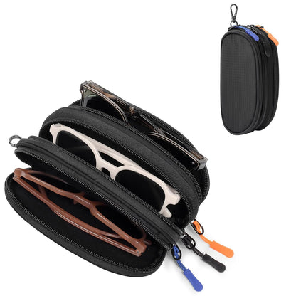 Eyeglasses Case for 3 Pairs, Multi Sunglasses Travel Organizer Pouch with Keychain Clip Zipper Closure for Men Women