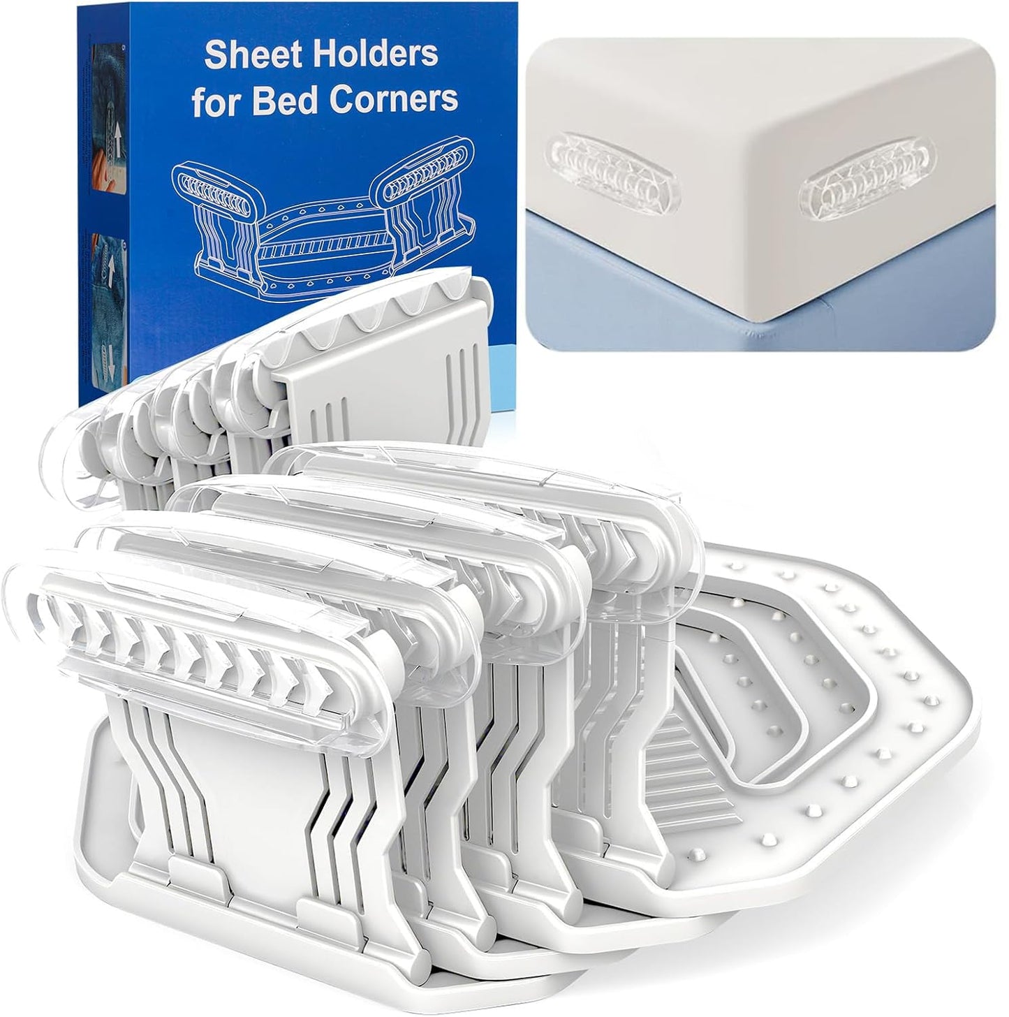 4 Pack No Clip Bed Sheet Holders, No Lift Mattress, Universal Fit White | One-Time Install, Keep Sheets Firm & Tight, Fit Twin Queen King White