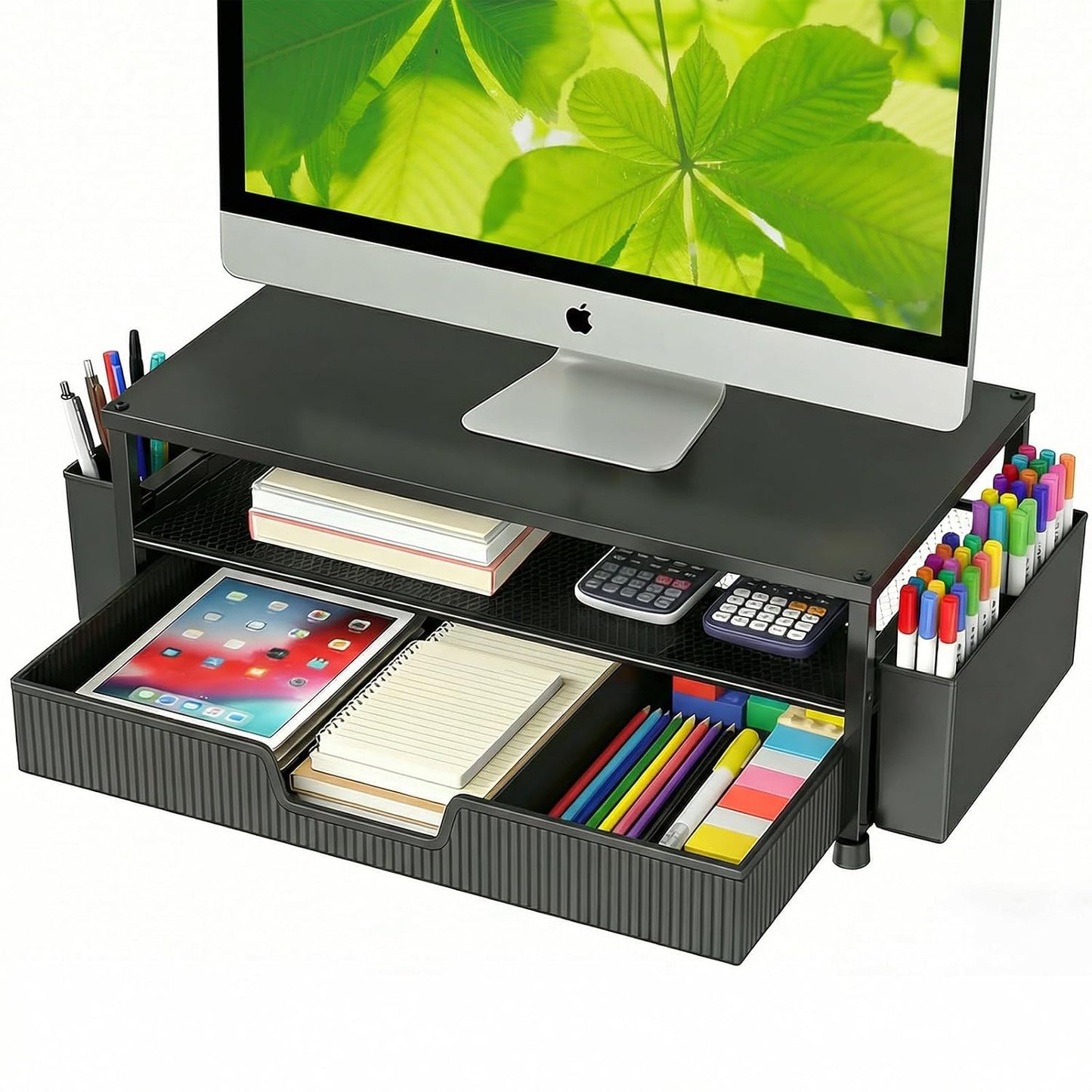 Desk Organizer and Accessories, 2-Tier Computer Monitor Stand Rise with Storage Drawer & 2 Pen Holders, Laptop & Printer Stand for Desktop, Workspace Organizers for Office Supplies (Black)