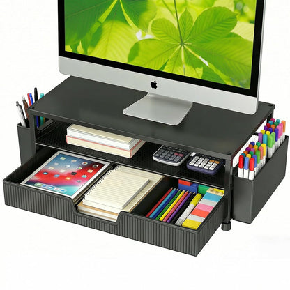 Desk Organizer and Accessories, 2-Tier Computer Monitor Stand Rise with Storage Drawer & 2 Pen Holders, Laptop & Printer Stand for Desktop, Workspace Organizers for Office Supplies (Black)