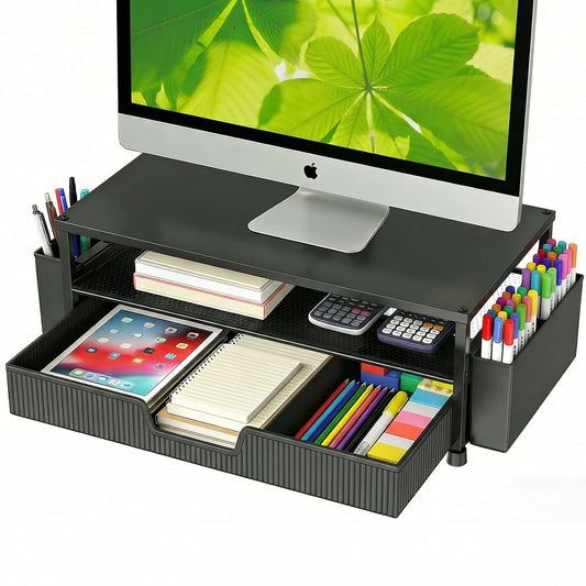 ECOLOVI Desk Organizer and Accessories, 2-Tier Computer Monitor Stand Rise with Storage Drawer & 2 Pen Holders, Laptop & Printer Stand for Desktop, Workspace Organizers for Office Supplies (Black)