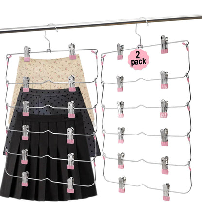 Skirt Pants Hangers with Clips,6Tier Skirt Hangers Space Saving,Metal Multi Pants Hangers and Storage Multi Clothes Shorts Hanger Organization,Space Saving Hangers with Clips (Pink, 2-Piece Set)