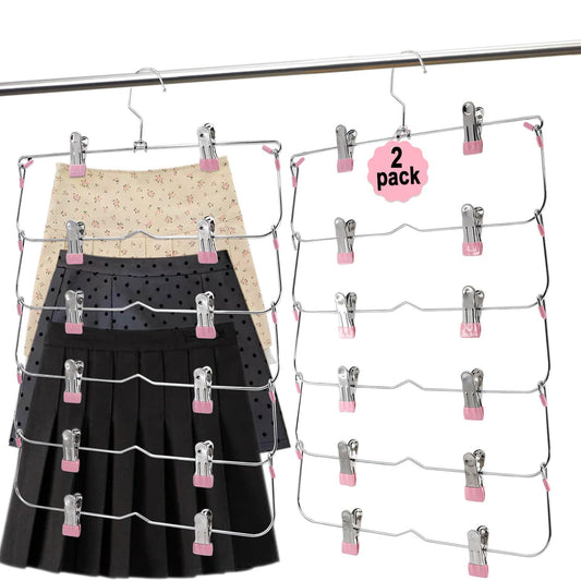 Skirt Pants Hangers with Clips,6Tier Skirt Hangers Space Saving,Metal Multi Pants Hangers and Storage Multi Clothes Shorts Hanger Organization,Space Saving Hangers with Clips (Pink, 2-Piece Set)
