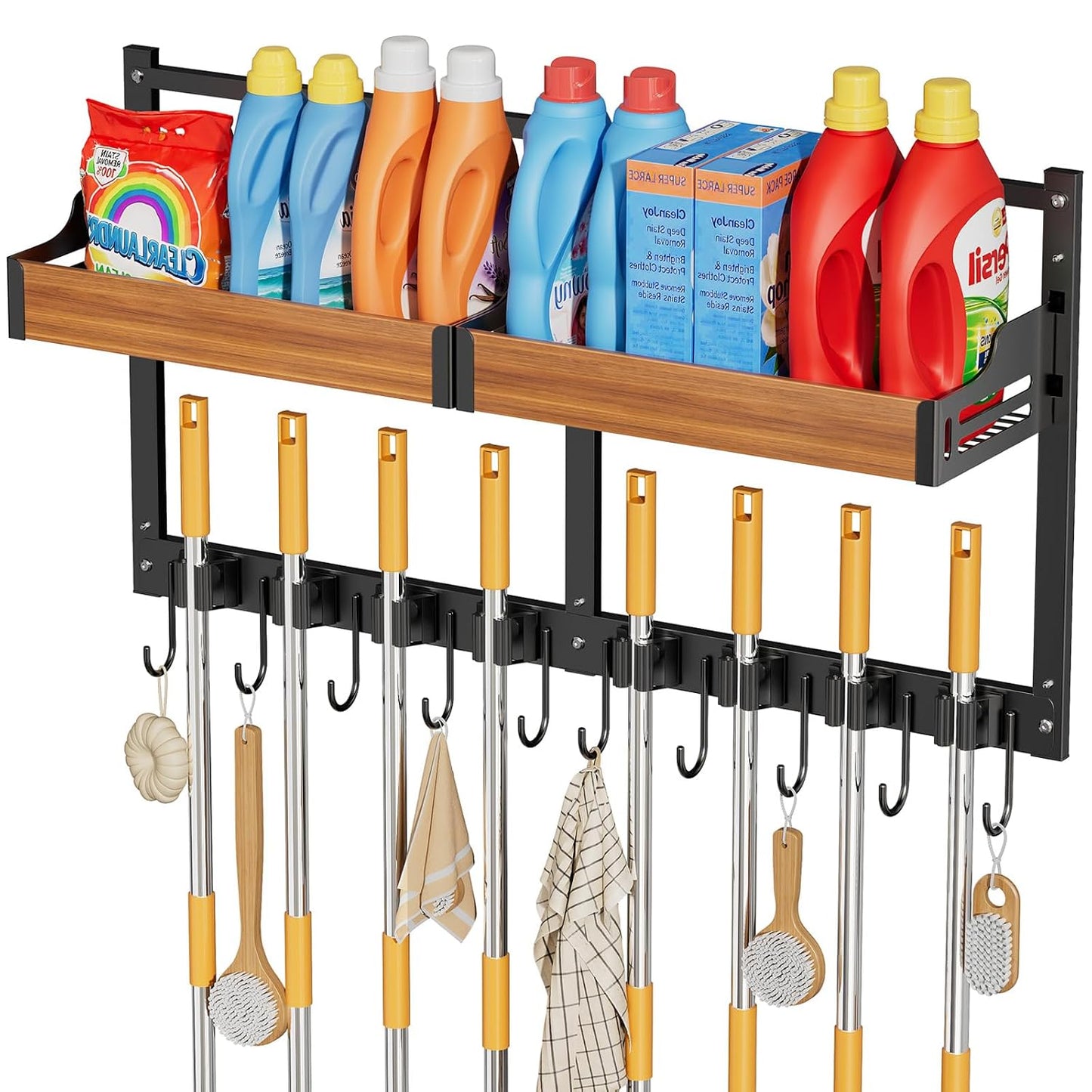 Broom and Mop Organizer Wall Hanging, Broom Holder Wall Mount with Cleaning Supplies Organizer, Broom Hanger Wall Mount with Storage Shelf and Hooks for Laundry Room Garage Kitchen