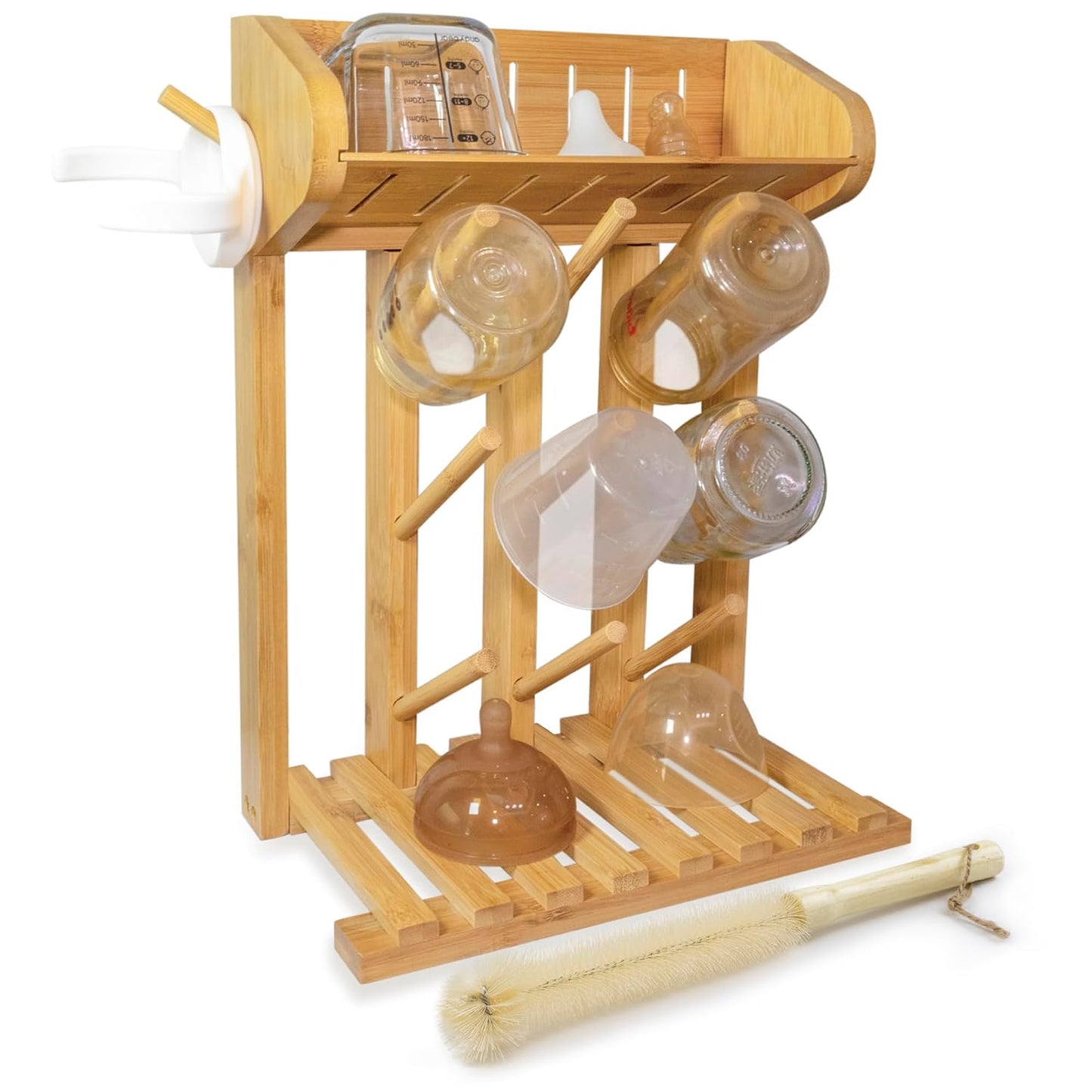 Bamboo Baby Bottle Drying Rack, Vertical Space Saving Kitchen Organizer, 9 Bottle Capacity, Countertop Storage Holder and Bottle Dryer with Draining Base (Comes with a Free Cleaning Brush)