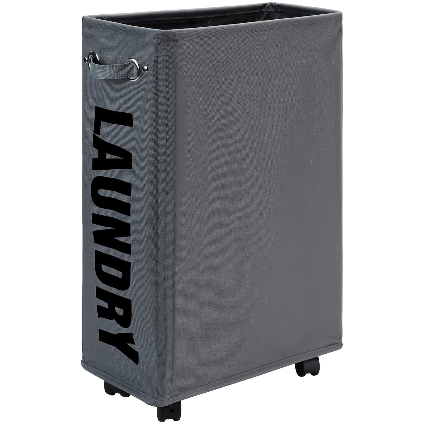 DOKEHOM 25" Slim Rolling Laundry Basket Hamper, Narrow on Wheels, Grey | Collapsible narrow laundry hamper with mesh drawstring closure. Foldable corner clothes storage bin for small spaces