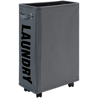 DOKEHOM 25" Slim Rolling Laundry Basket Hamper, Narrow on Wheels, Grey | Collapsible narrow laundry hamper with mesh drawstring closure. Foldable corner clothes storage bin for small spaces