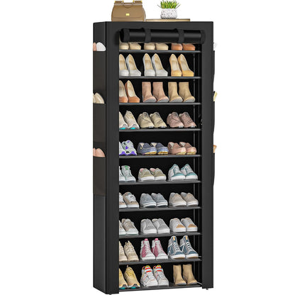 Large Shoe Rack, Black, 6 Side Pockets, 23.6" Wide x 11.4" Deep x 68.9" Tall, 36-41 Pairs of Shoes | Space Saving Fabric Cover Shoe Organizer Shelf for Closet, Bedroom, Garage, Entryway, Narrow Free Standing Cabinet Holder