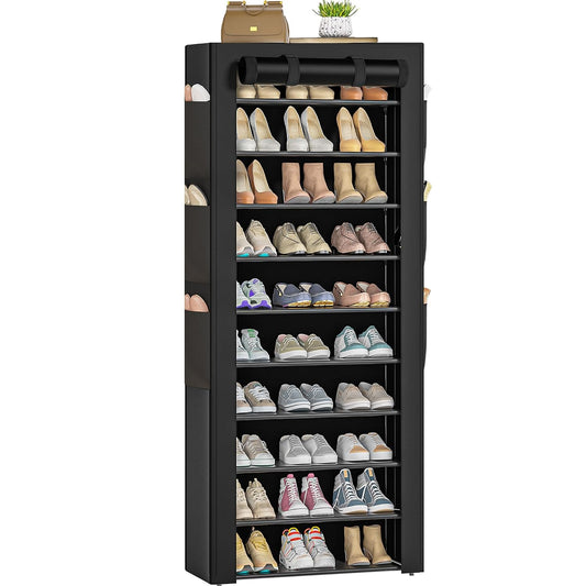 Shoe Rack Dustproof Sturdy 10Tier Tall Large Storage with Side Pocket | Space Saving Fabric Cover Shoe Organizer Shelf for Closet, Bedroom, Garage, Entryway, Narrow Free Standing Cabinet Holder