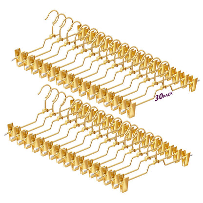 30Pack Heavy Duty Metal Pants Hangers,Pants Hangers with 2 Adjustable Clips | Gold Skirt Hangers with 360° Swivel Cost Hook, Space-Saving Shorts Hangers for Pants, Jeans, Slacks, Short Skirt