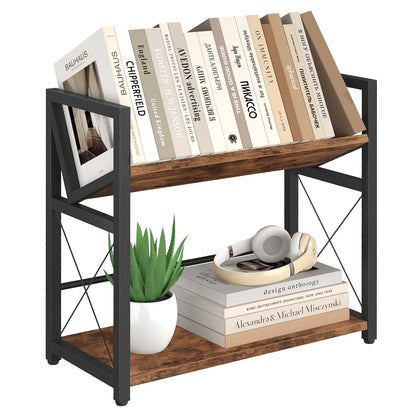 Desktop Bookshelf, 2 Tier Desk Shelf Organizer, Wooden Tabletop Bookcase, Small Desk Top Book Rack for Office, Home, Bedroom, Small Space Storage and Display, Rustic Brown