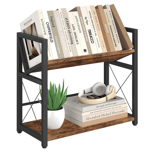 Desktop Bookshelf, 2 Tier Desk Shelf Organizer, Wo... (Rustic Brown | Wood)