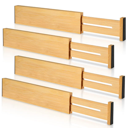 4 Pack Bamboo Drawer Dividers 2.6" High, Adjustable Length from 12 Inch to 17 Inch, Expandable Kitchen Drawer Organizer Separators for Clothes, Kitchen, Bedroom, Dresser, Office (Beige)