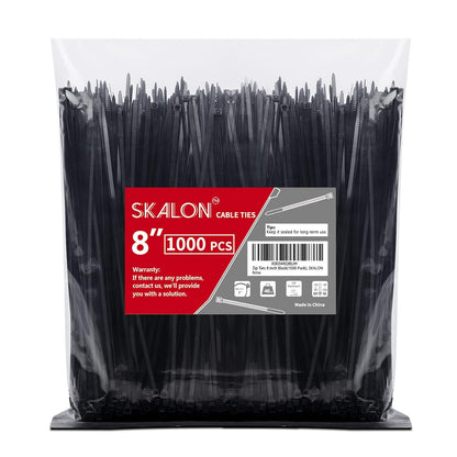 Zip Ties 8 inch (1000 Pack), 40lbs Tensile Strength, Black Cable Ties, Wire Ties for indoor and outdoor use, by Skalon