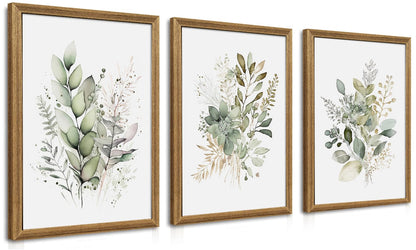 WRFON Framed Sage Green Botanical Wall Art Set of 3, Watercolor Eucalyptus & Wild Plant Canvas Prints, Minimalist Green Wall Decor for Living Room Bedroom Bathroom, 12x16 Inches