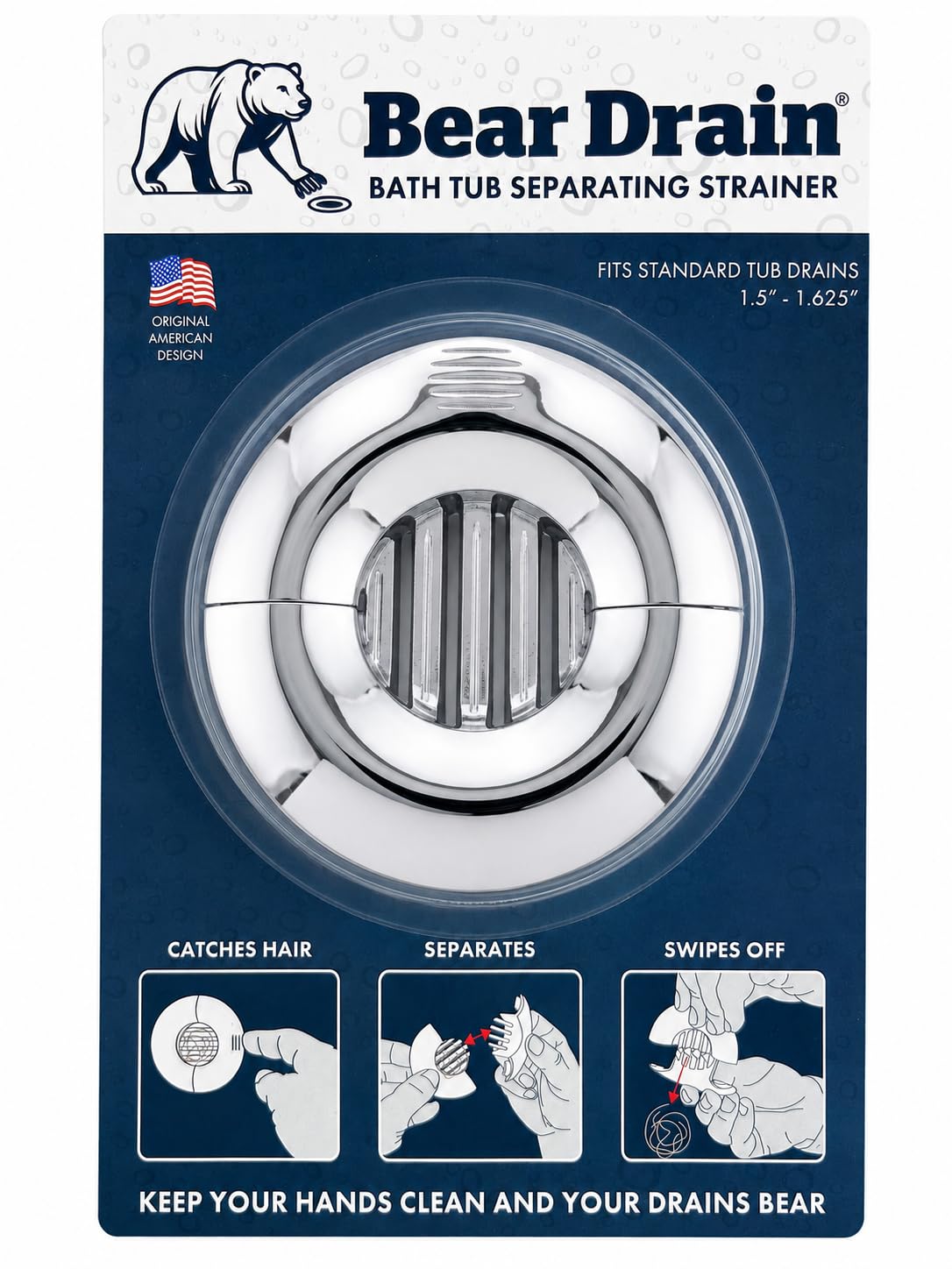 Bathtub Separating Hair Catcher for Drain – Patented No-Touch Two-Piece Hair Strainer, Prevents Clogs, Easy Clean Hair Removal, Fits Standard Tub Drains, Lightweight Design Chrome-Finish
