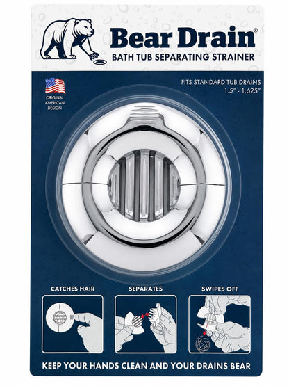 Bathtub Separating Hair Catcher for Drain – Patented No-Touch Two-Piece Hair Strainer, Prevents Clogs, Easy Clean Hair Removal, Fits Standard Tub Drains, Lightweight Design Chrome-Finish