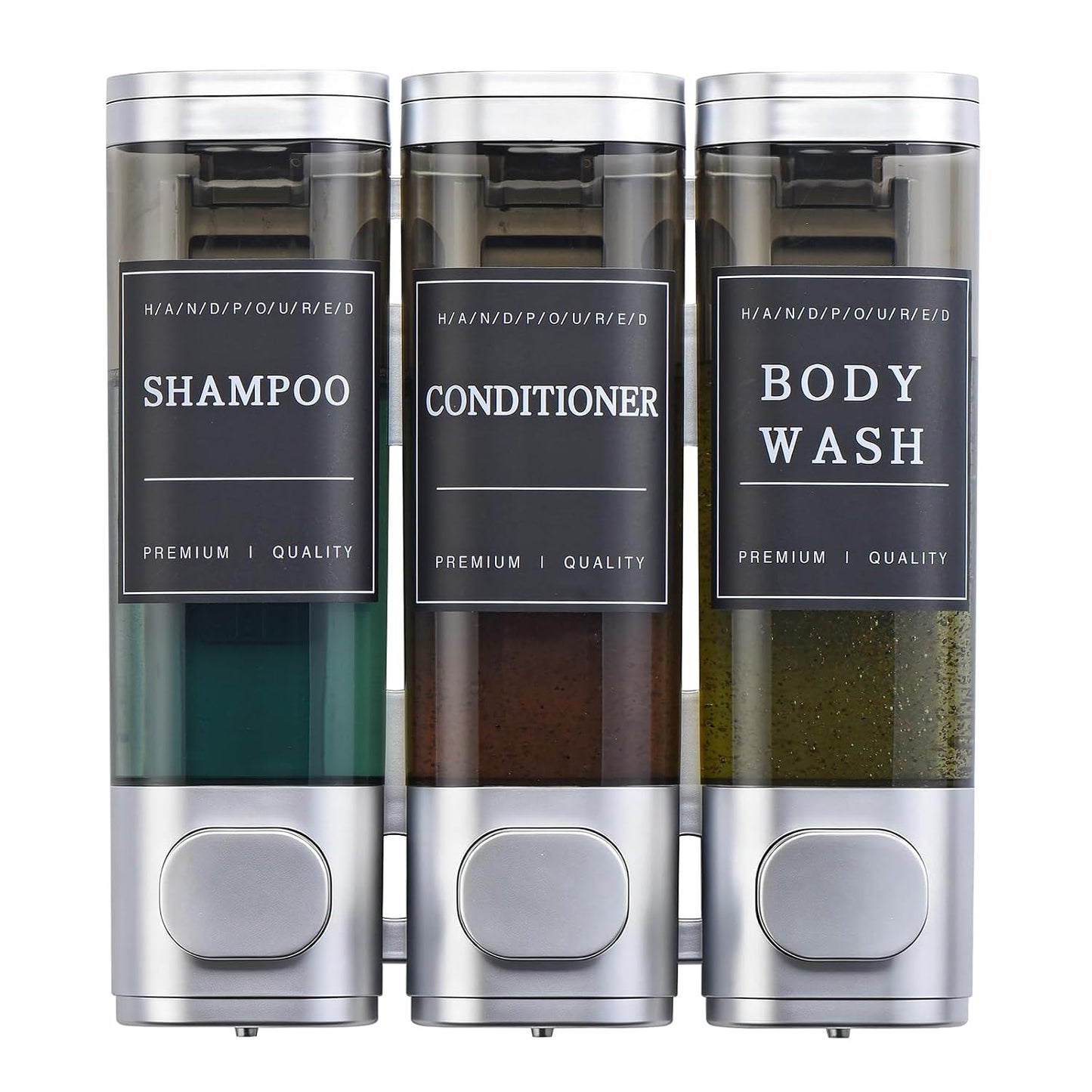 Shampoo and Conditioner Dispenser,Shower Soap Dispenser 3 Chamber No Drill Wall-Mounted for Bathroom & Hotel Leak-Proof Pumps, for Thick Liquids Like Conditioner - 1050ML High Capacity, Silver