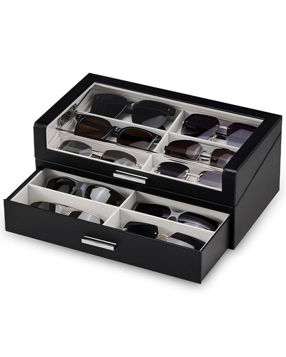 ProCase 12 Slots Sunglasses Box with L-Shaped Clear Lid -Black | Multiple Pairs Glasses Display Organizer Eyewear Eyeglass Eye Glass Storage Holder with Drawer for Men Women