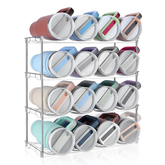 Stackable Water Bottle Organizer Large Compartment Water Bottle Holder | Tumbler Organizer for Stanley 40 oz Cup, Kitchen Cabinet Storage Organizer for Stanley Cup Accessories, 4 Tier Hold 16 Bottle