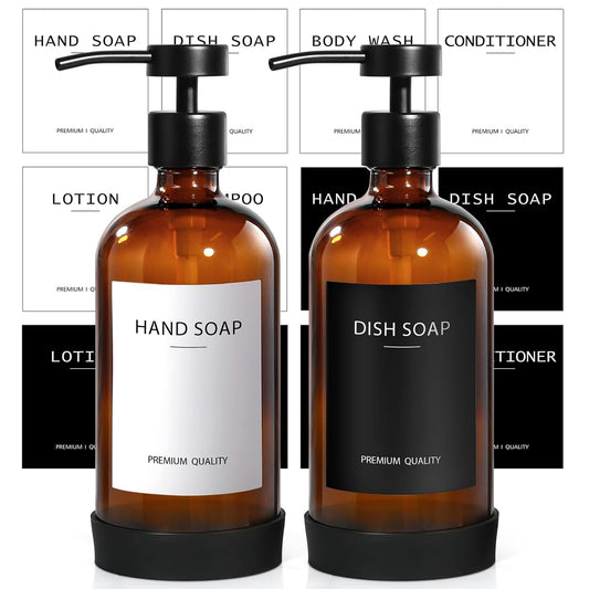 RYTOXILO Hand Soap Dispenser Bathroom 2 Pack, Amber Glass Soap Dispenser with Stainless Steel Pump, 16.9 Fl oz Hand and Dish Soap Dispensers Set for Kitchen, Modern Brown Soap Lotion Dispensers Bottle