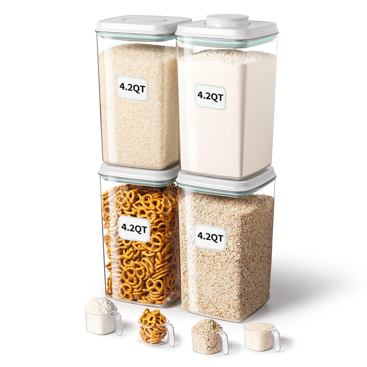 Airtight Food Storage Container with Pop Lid & 130ml Scoop, 4L/4.2qt *4 BPA-Free Cereal, Rice, Flour, Pasta & Snack Container, Stackable & Durable,Kitchen Pantry Organizer
