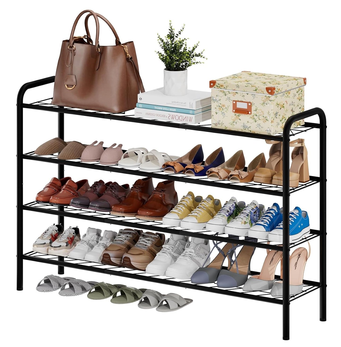 viewcare Long Shoe Rack for Closet, 4-Tier Extra Long Shoe Rack for Entryway & Garage, Black Shoe Organizer Holds 20-23 Pairs, Sturdy Metal Construction