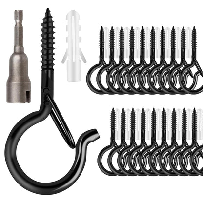 FSAH 36 PCS Q-Hanger Hooks with Safety Buckle, Windproof Screw Hooks | for Outdoor String Lights Hanging Christmas Patio Lights, Plants, Cup Eye Hooks Mount on Wall Ceiling Wood Fence Deck, Black