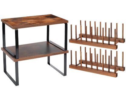 Marsui 4 Pcs Kitchen Organizer Accessories Set for Cabinet,Deep Color | Cabinet Organizer Shelves, Bamboo Dish Drying Plate Rack, Wooden Counter Storage Holder, for Spice Dish Pot Lid Bowl Cup