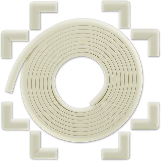 Bébé Earth Baby Proofing Edge and Corner Guard Protector Set for Back to School, 20 Feet Edges & 8 Foam Corners, Furniture and Tables Child Baby Proof Bumpers, Pre-Taped Corner Cushions - Oyster White