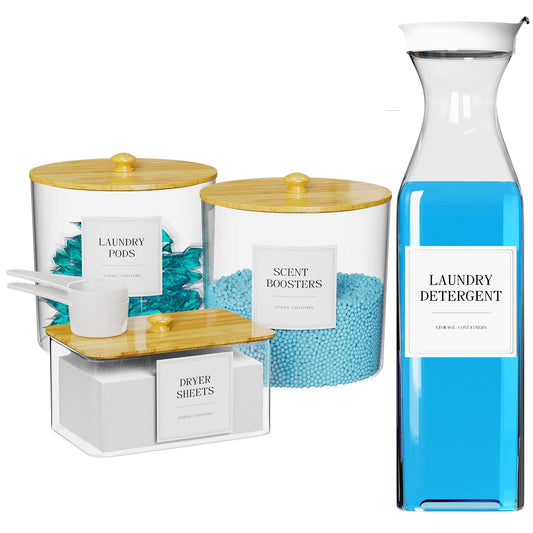 3+1 Pack Laundry Pods Containers & Dryer Sheet Holder & Laundry Detergent Dispenser, Laundry Room Organization and Storage Jars with Lids, Labels and Scoops for Scent Booster, Powder, Pods