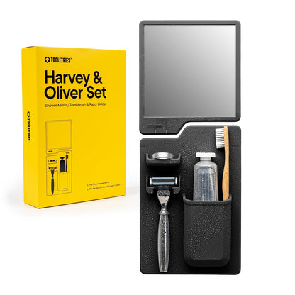 TOOLETRIES Harvey & Oliver, Shower Organizer & Shaving Mirror - Charcoal | Shower grooming station with a clear-view mirror and reusable organiser for everyday grooming.