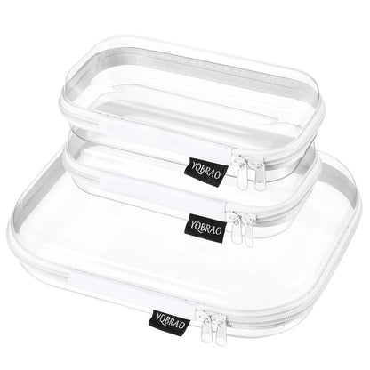YQBRAO Clear Hard Shell Organizer Cases, 3-Pack, White | Rigid 1.2 mm clear PET organizers with multi-size design for travel, home storage, and everyday essentials.