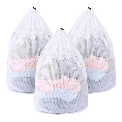 MADIKA 3 Pcs Mesh Laundry Bags for College, Dorm, Travel, Famliy and Apartment with Drawstring Closure Sturdy(White, 3 XX-Large)